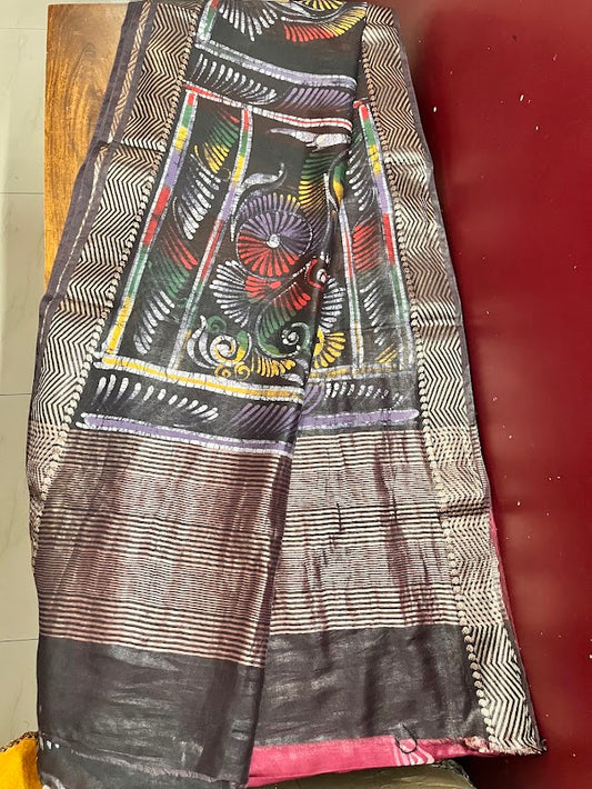Maheshwari Batik Hand Print Saree - Maroon
