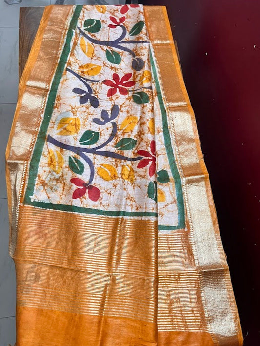 Maheshwari Batik Hand Print Saree - Mustard
