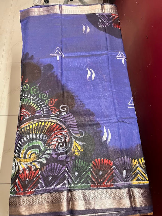 Maheshwari Batik Hand Print Saree - Blue