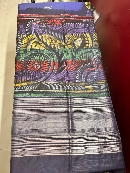 Maheshwari Batik Hand Print Saree - Blue