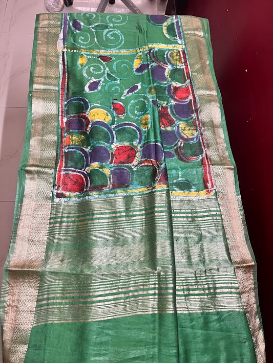 Maheshwari Batik Hand Print Saree - Green