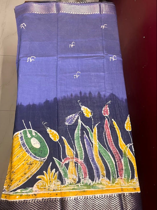 Maheshwari Batik Hand Print Saree - Blue with Drum