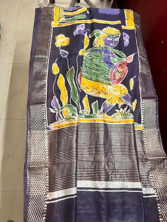 Maheshwari Batik Hand Print Saree - Blue with Drum
