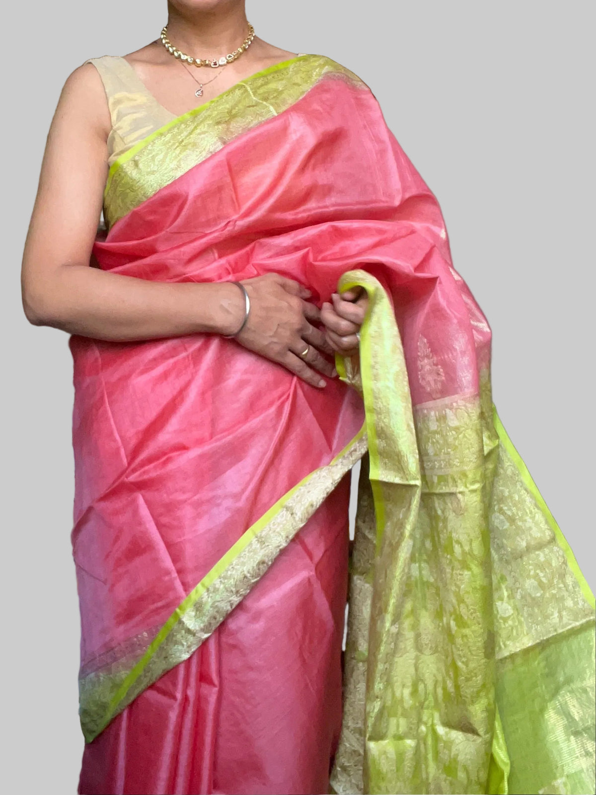 Pure Silk Mill Tussar Saree - Pink with Green Palla
