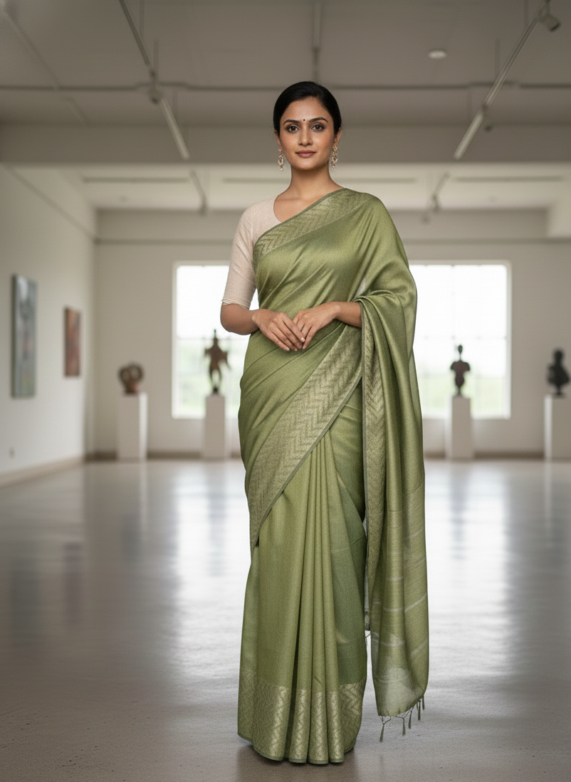 Cotton Silk Olive Saree with Zig Zag Border