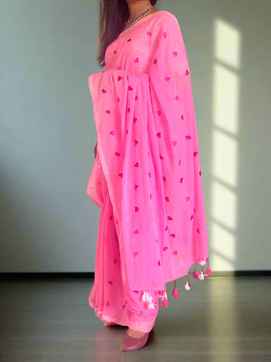 Pure Mulmul Cotton Saree with Embroidered Hearts - Pink