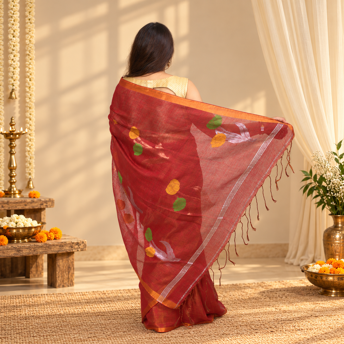 Red Floral Linen Tissue Handloom Saree