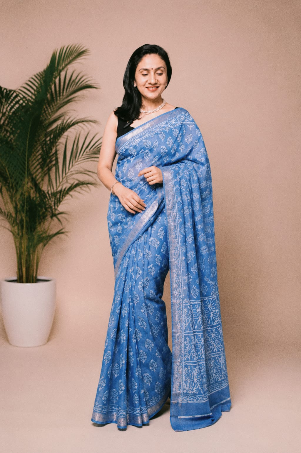 Art Silk Maheshwari Hand Block Print Saree - Denim Blue