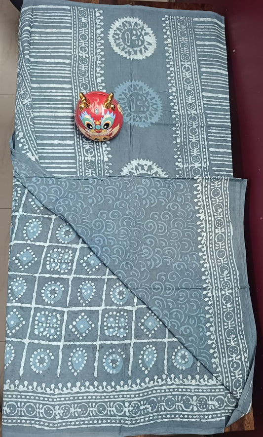Cotton Jaipur Block Dabu Print Saree - Grey