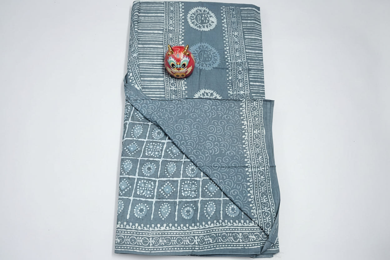 Bluish Grey Cotton Jaipur Block Dabu Print Saree