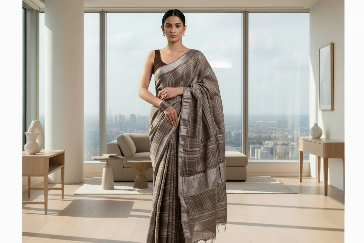 Linen Cotton Hand Block Printed Saree - Brown Chequered