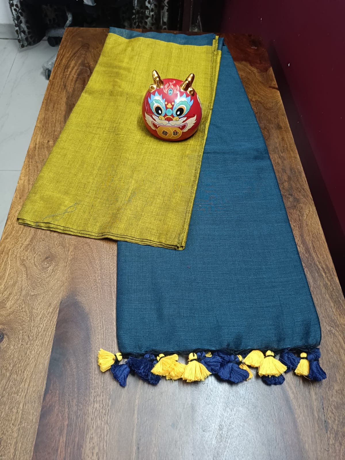 Half and Half Handloom Saree - Olive with Dark Teal Pallu