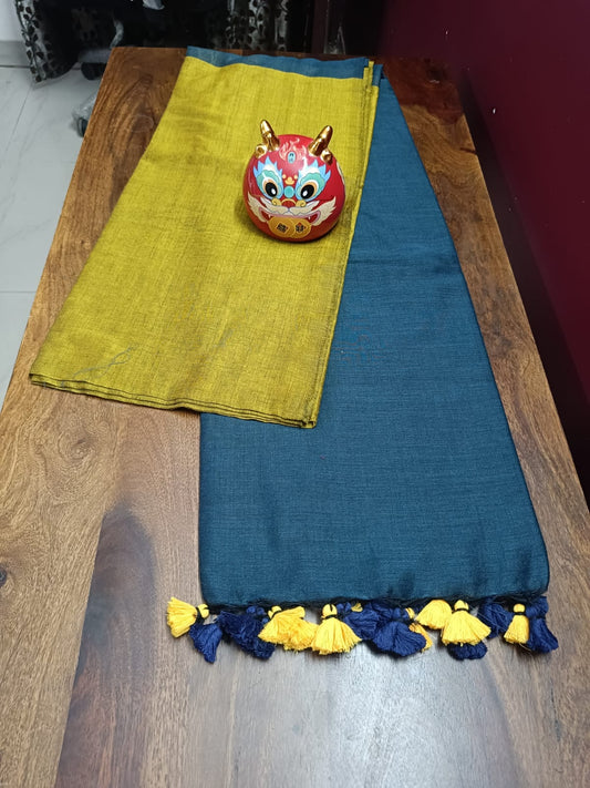 Half and Half Handloom Saree - Olive with Dark Teal Pallu