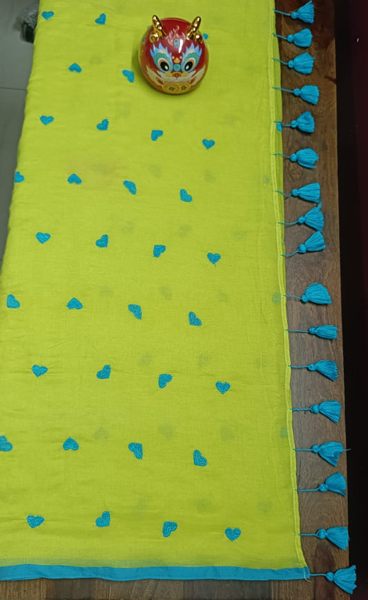 Pure Mulmul Cotton Saree with Embroidered Hearts - Green