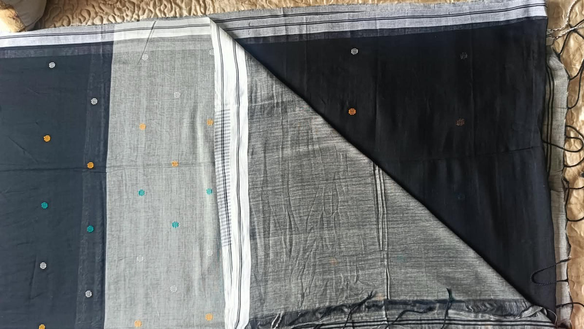 Bengal Cotton Jamdani Bindi Booti Saree - Black