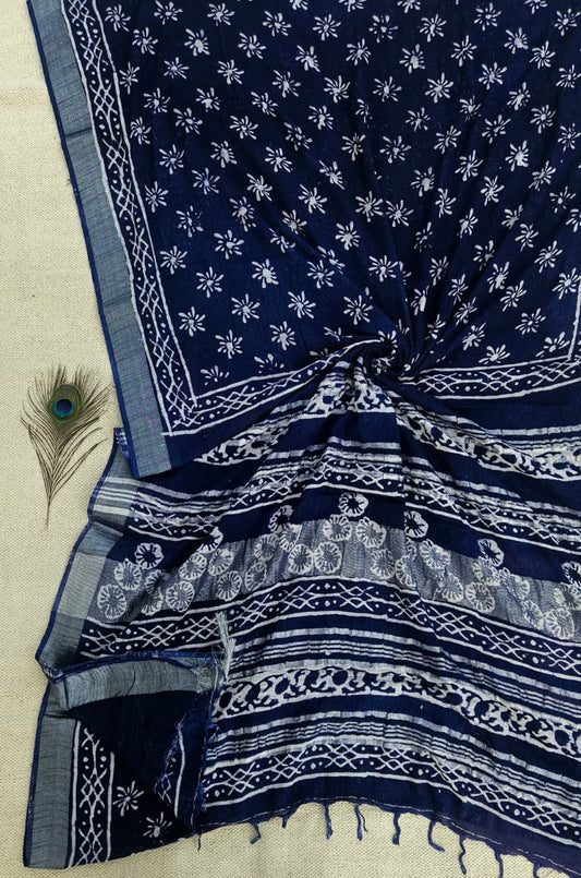 Linen Cotton Hand Block Printed Saree - Indigo