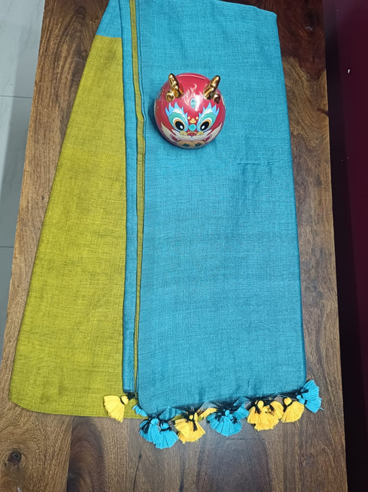 Half and Half Handloom Saree - Olive with Light Teal Pallu
