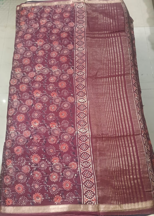 Art Silk Crepe Naphthol Block Print Saree - Deep Red