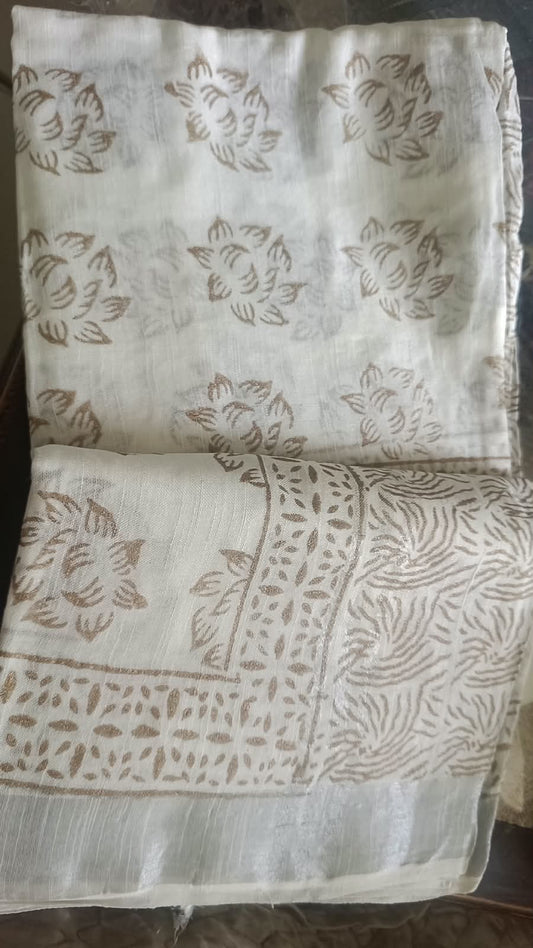Linen Cotton Hand Block Printed Saree - White with Golden Blocks