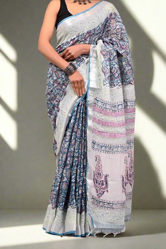 Pure Linen Hand Block Printed Saree - Sky Blue & Pink