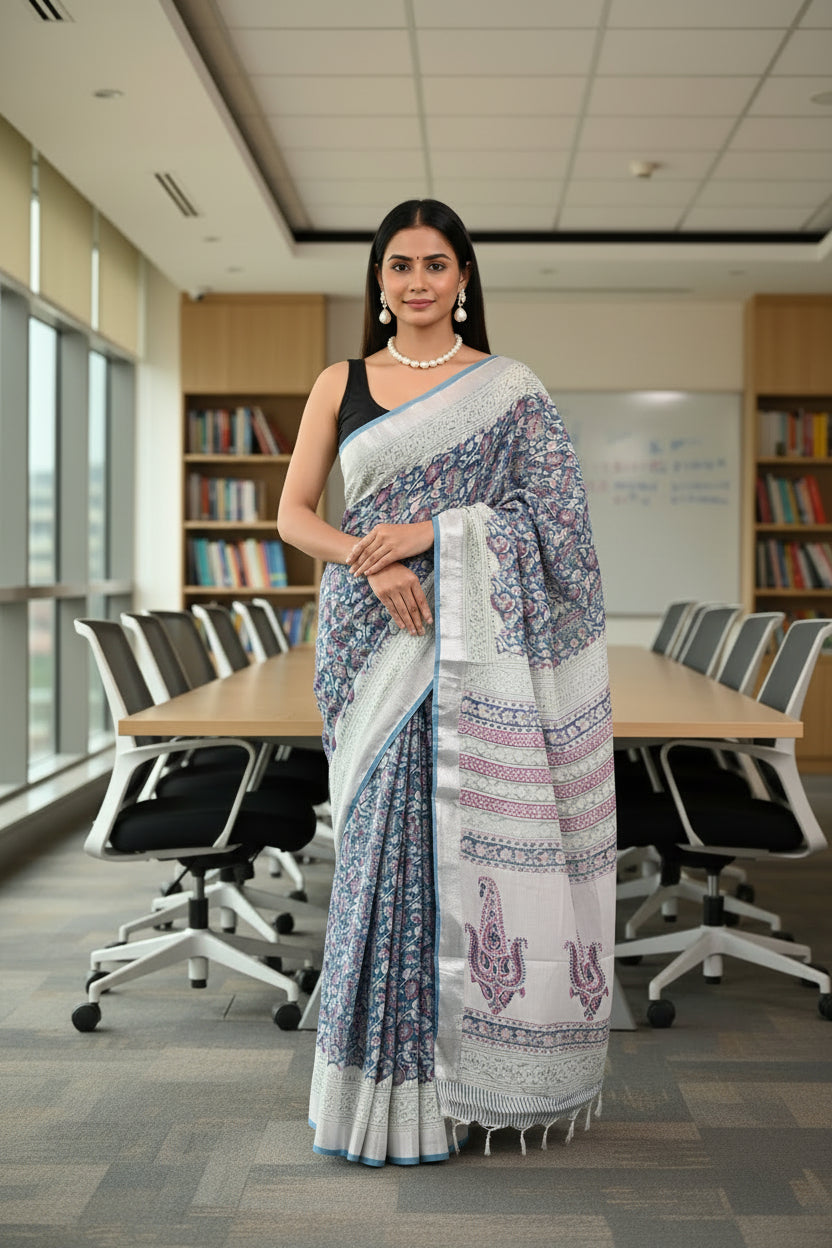 Linen Cotton Hand Block Printed Saree - Sky Blue & Pink