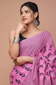Pure Mulmul Cotton Saree - Hand Block Printed - Pink Paisley