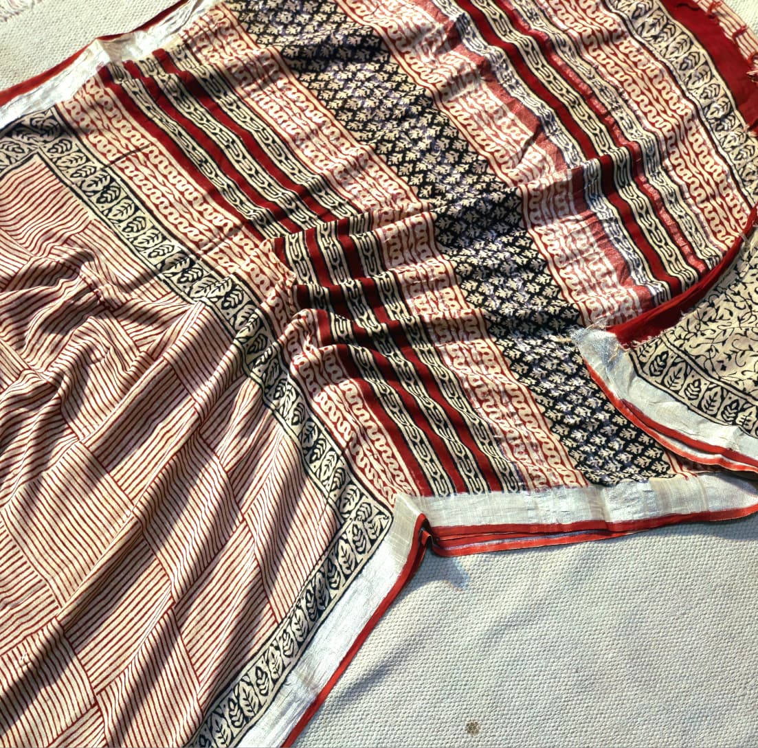 Linen Cotton Hand Block Printed Saree - Geometric Red Lines