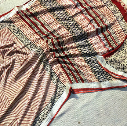 Linen Cotton Hand Block Printed Saree - Geometric Red Lines