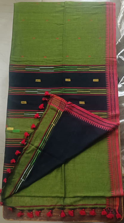 Soft Handloom Cotton with Temple Border - Bottle Green