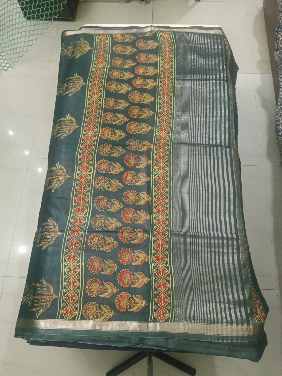 Art Silk Crepe Naphthol Block Print Saree - Deep Green