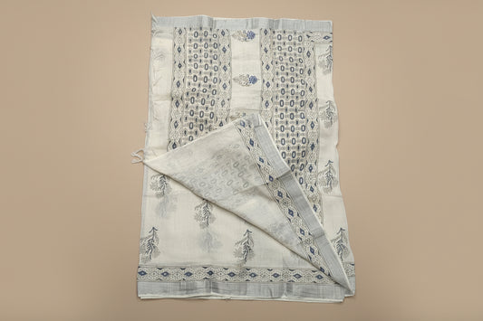Linen Cotton Hand Block Printed Saree - White with Golden and Blue Print