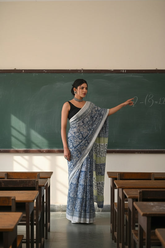 Linen Cotton Hand Block Printed Saree - Sanganeri Blue