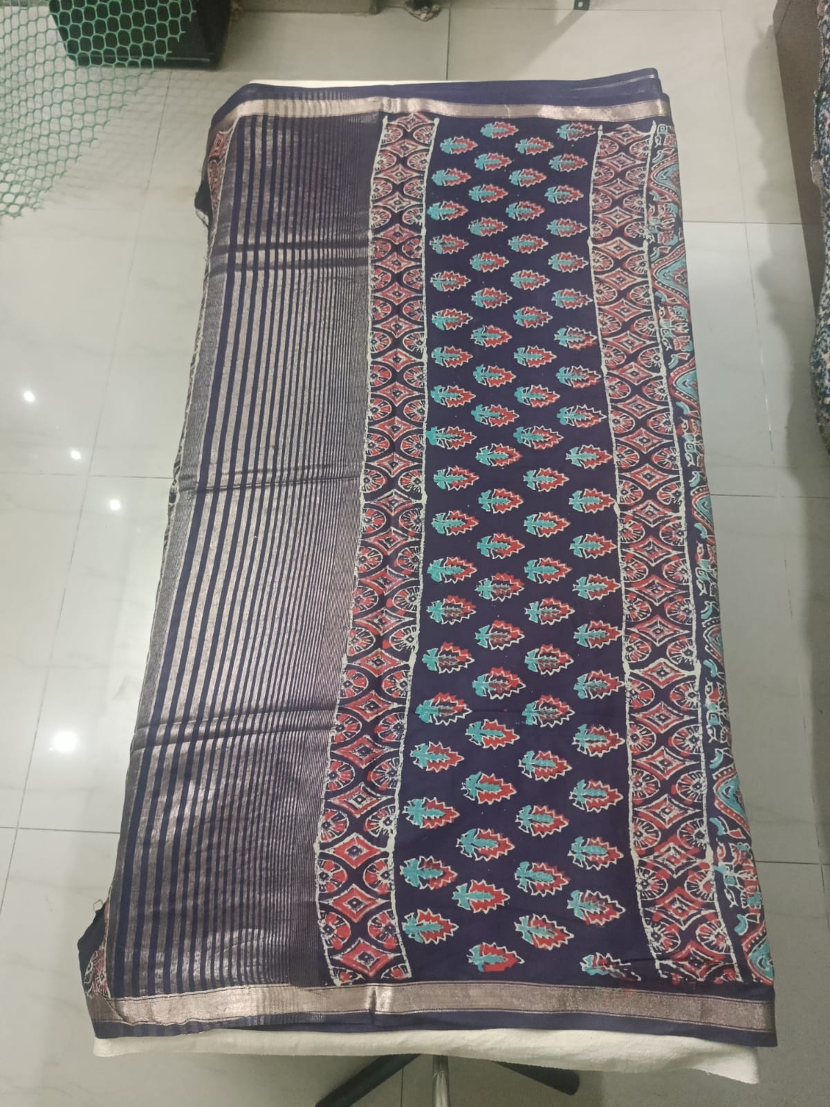 Art Silk Crepe Naphthol Block Print Saree -  Deep Blue