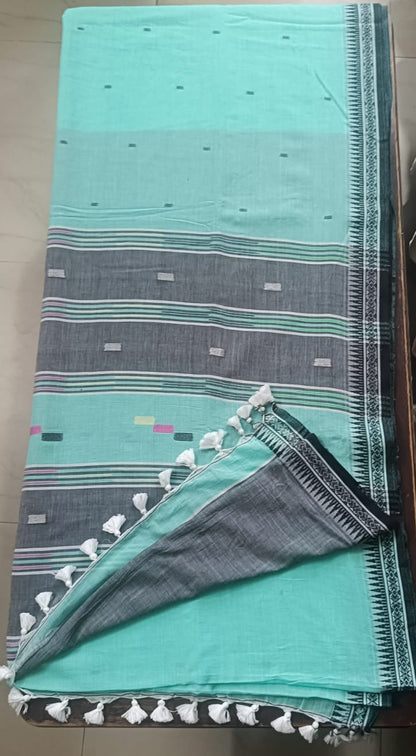 Soft Handloom Cotton with Temple Border - Pastel Blue