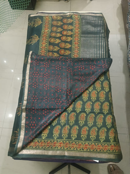 Art Silk Crepe Naphthol Block Print Saree - Deep Green