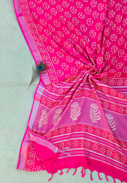 Linen Cotton Hand Block Printed Saree - Magenta