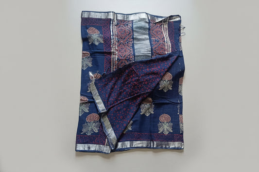 Linen Cotton Hand Block Printed Saree - Navy Blue with Red Flowers