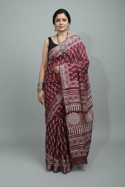 Linen Cotton Hand Block Printed Saree - Maroon