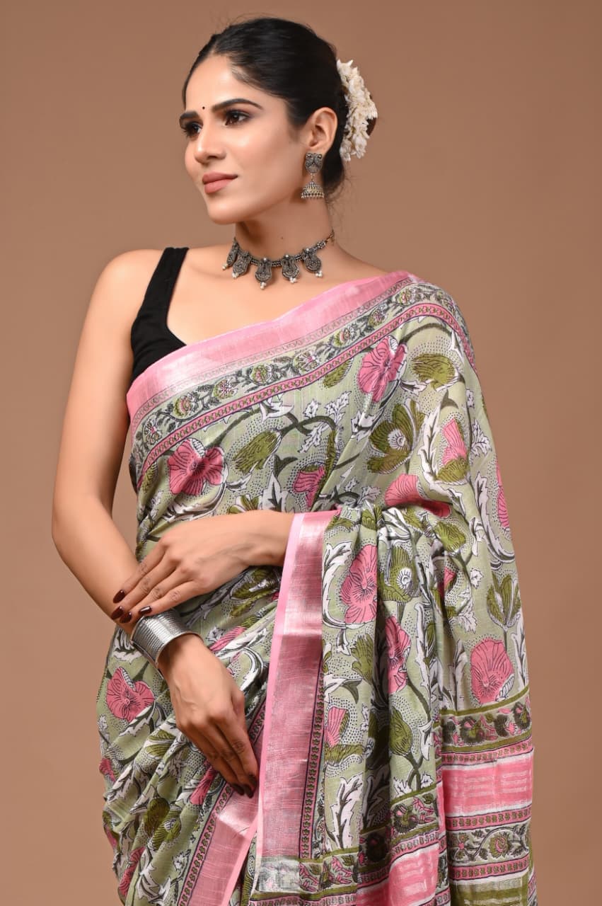 Linen Cotton Hand Block Printed Saree - Sanganeri Green