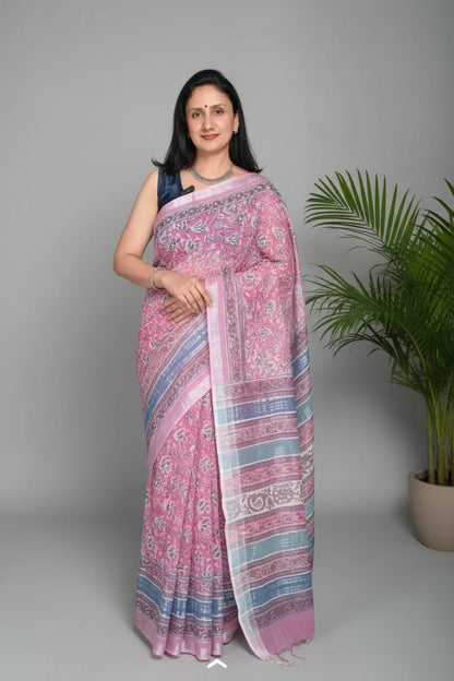 Linen Cotton Sanganeri Hand Block Printed Saree - Pink
