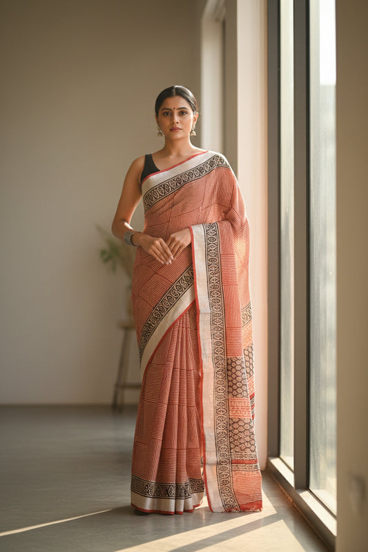 Linen Cotton Hand Block Printed Saree - Geometric Red Lines