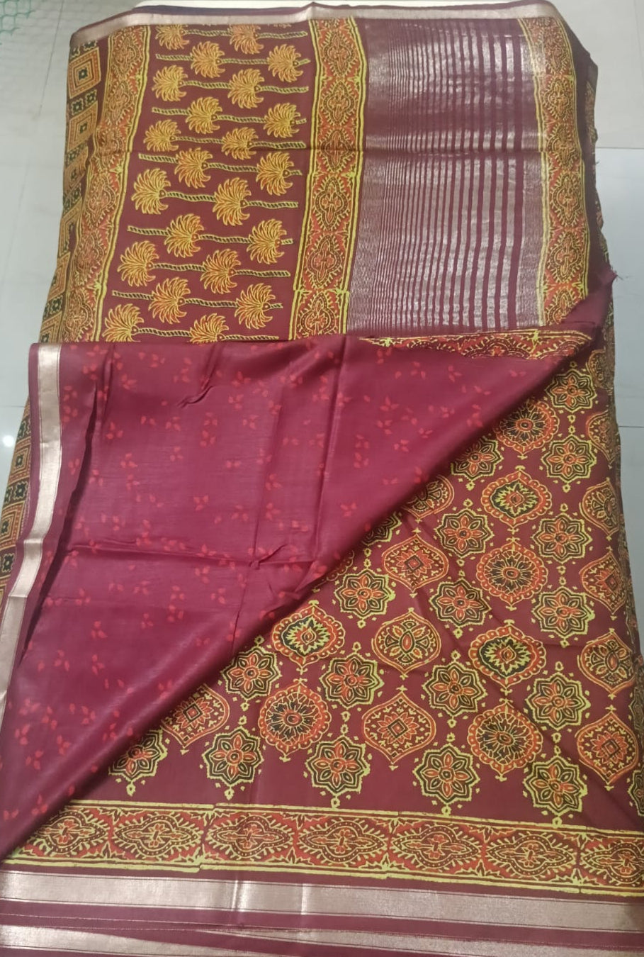Art Silk Crepe Naphthol Block Print Saree - Deep Red