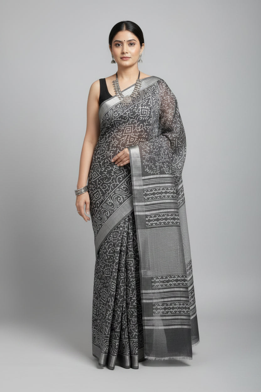 Art Linen Block Print Saree - Black