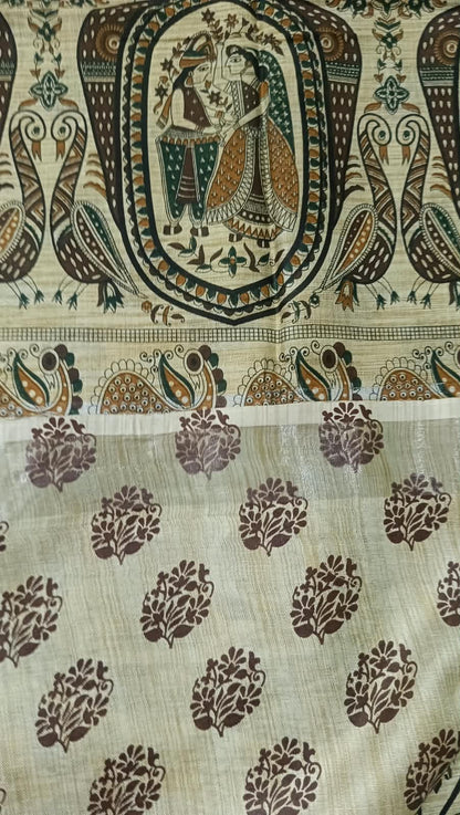 Khadi Cotton Saree - Madhubani Print - Radha Krishna