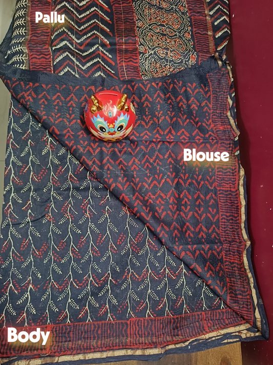 Hand Block Printed Chanderi Silk Saree - Navy Blue