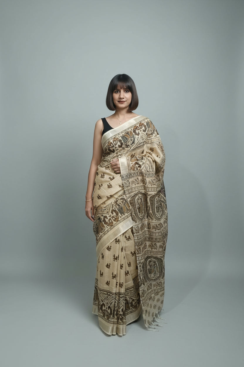 Khadi Cotton Saree - Madhubani Print - Radha Krishna