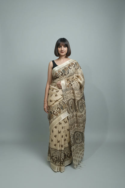 Khadi Cotton Saree - Madhubani Print - Radha Krishna