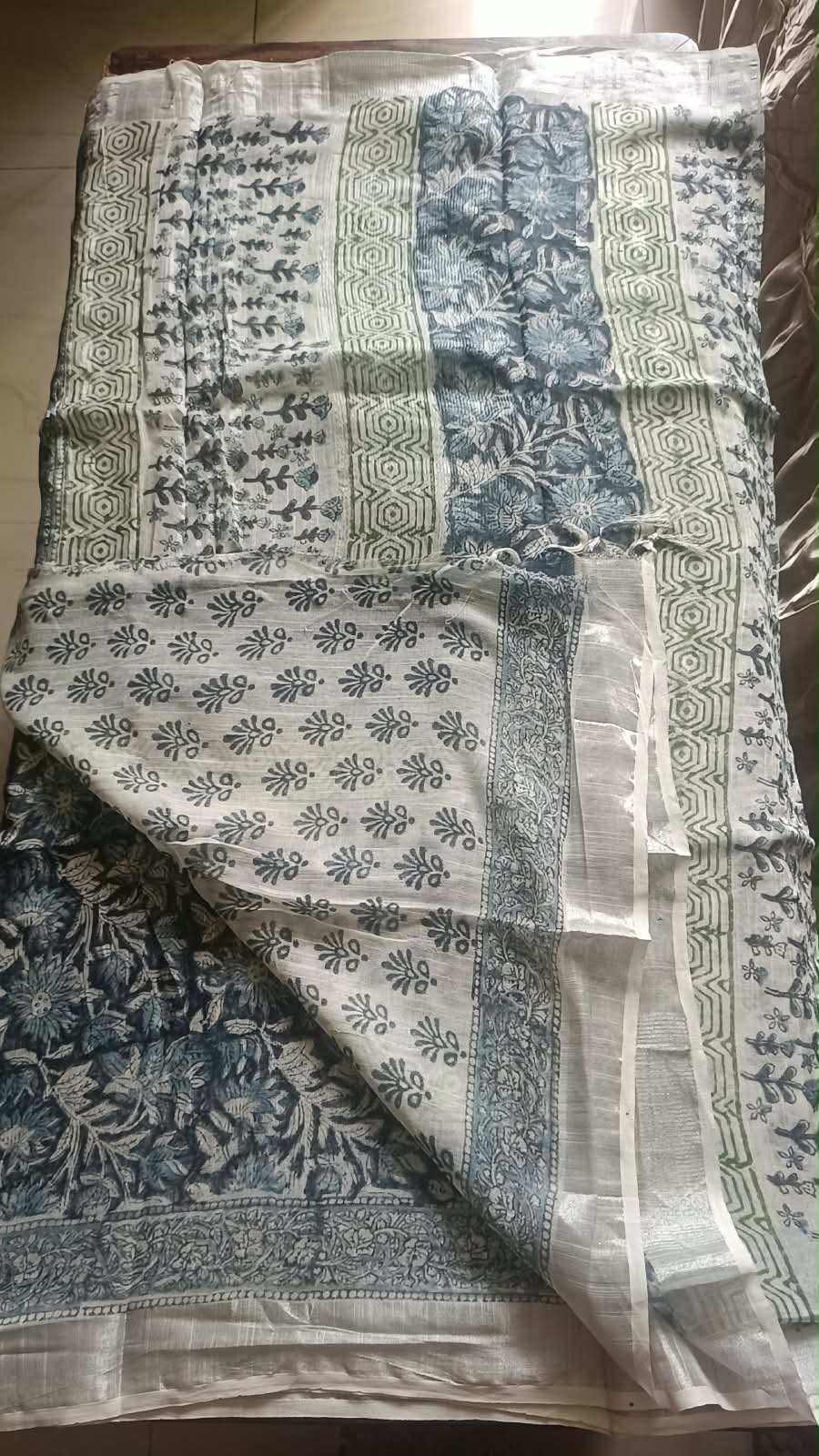 Linen Cotton Hand Block Printed Saree - Sanganeri Blue