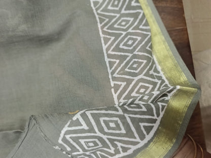 Cotton Jari Border Block Print Sarees - Khakee