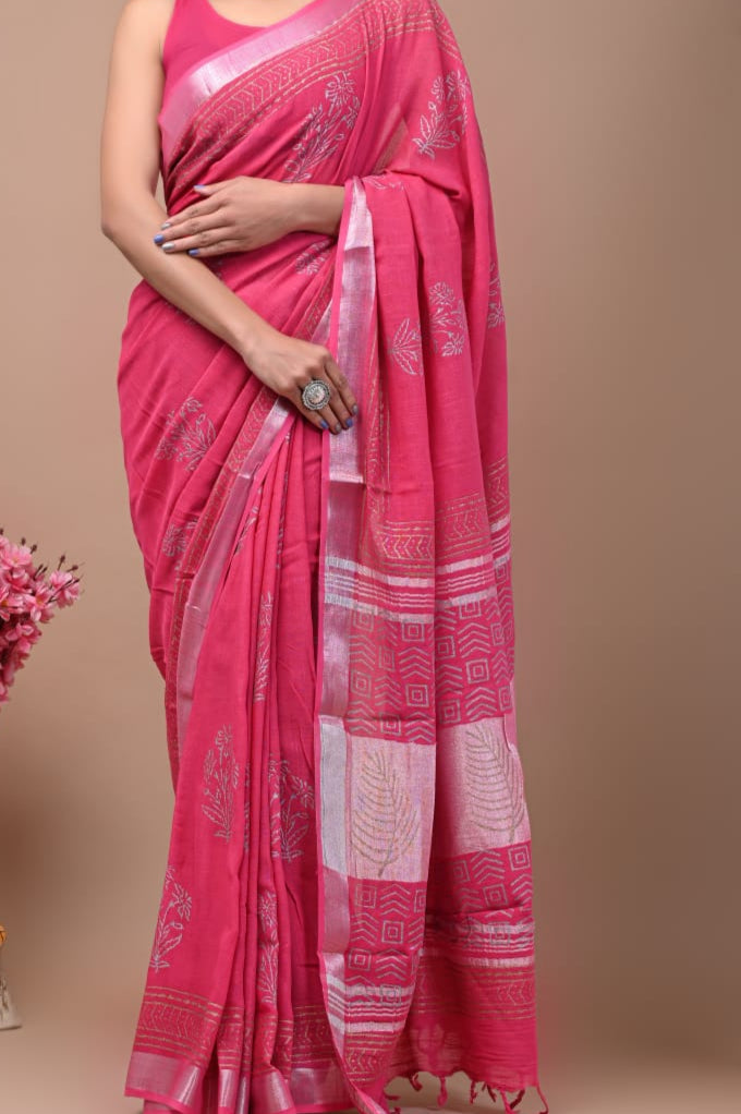 Pure Linen Hand Block Printed Saree - Red with Silver Blocks